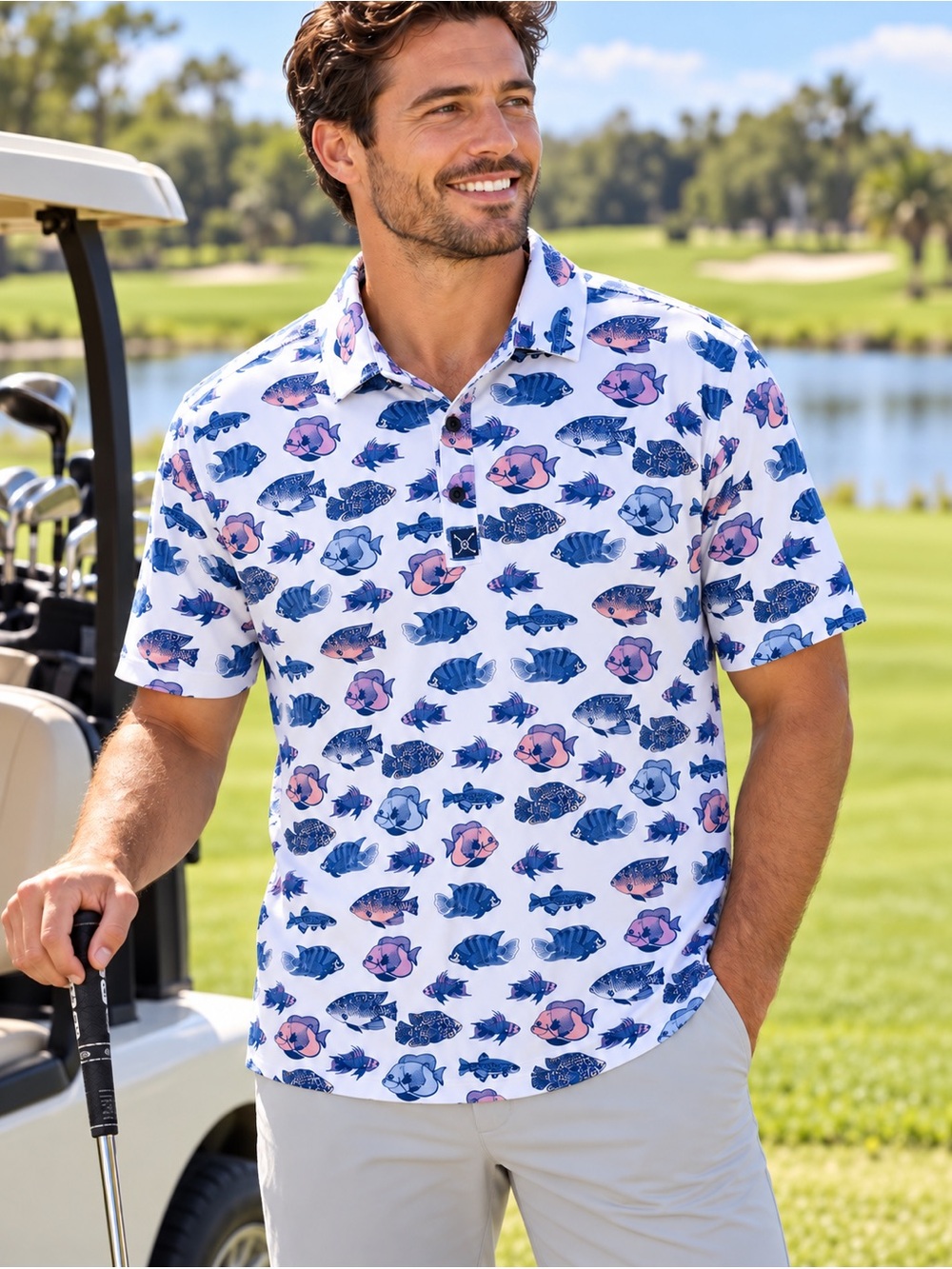CON.STRUCT Men’s Medium Quick Dry Performance Golf Polo Tropical Fish Print